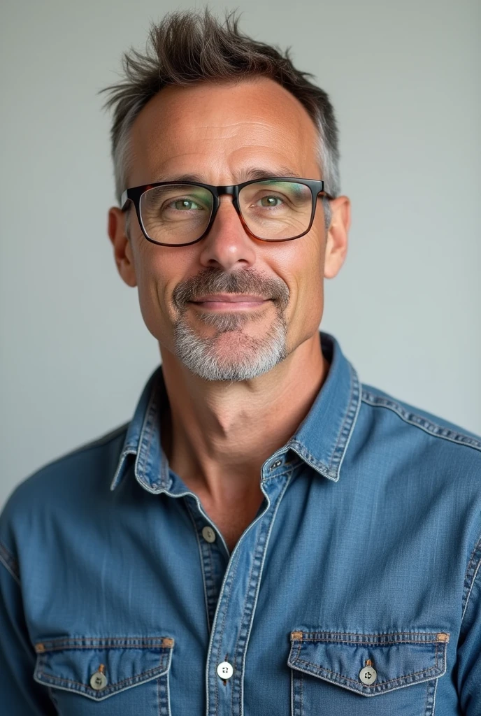 I need a picture of a man in casual clothes, glasses and approximately 45 years old, neutral background and more serious expression. It may only be from the chest region upwards., It's for a profile picture. It is not meant to be full body.