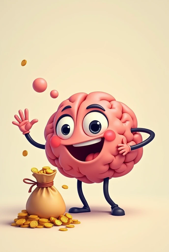 Smiling and excited cartoon brain thinking about a bag of money 
