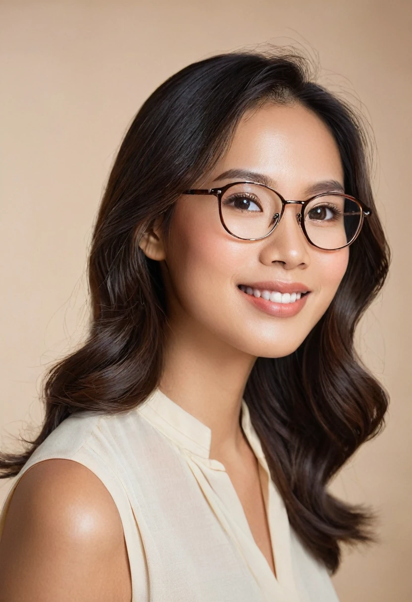 Create a portrait of a beautiful Filipina woman in her late 20s with dark brown, shoulder-length hair that has a soft wave. She has a radiant, warm complexion with a beauty mark just under her eyebrow, above her upper lip on the left side of her face. She is wearing stylish glasses with thin, dark frames that highlight her almond-shaped, expressive brown eyes. The woman has a subtle, confident smile that exudes a sense of intelligence and grace. Her outfit is elegant yet simple, possibly a blouse in a soft color that complements her skin tone. The background should be softly blurred to keep the focus on her face, with a light, natural tone that adds warmth to the image1girl, Solo, High Resolution, 