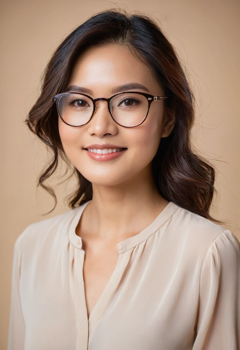 Create a portrait of a beautiful Filipina woman in her late 20s with dark brown, shoulder-length hair that has a soft wave. She has a radiant, warm complexion with a beauty mark just under her eyebrow, above her upper lip on the left side of her face. She is wearing stylish glasses with thin, dark frames that highlight her almond-shaped, expressive brown eyes. The woman has a subtle, confident smile that exudes a sense of intelligence and grace. Her outfit is elegant yet simple, possibly a blouse in a soft color that complements her skin tone. The background should be softly blurred to keep the focus on her face, with a light, natural tone that adds warmth to the image1girl, Solo, High Resolution,