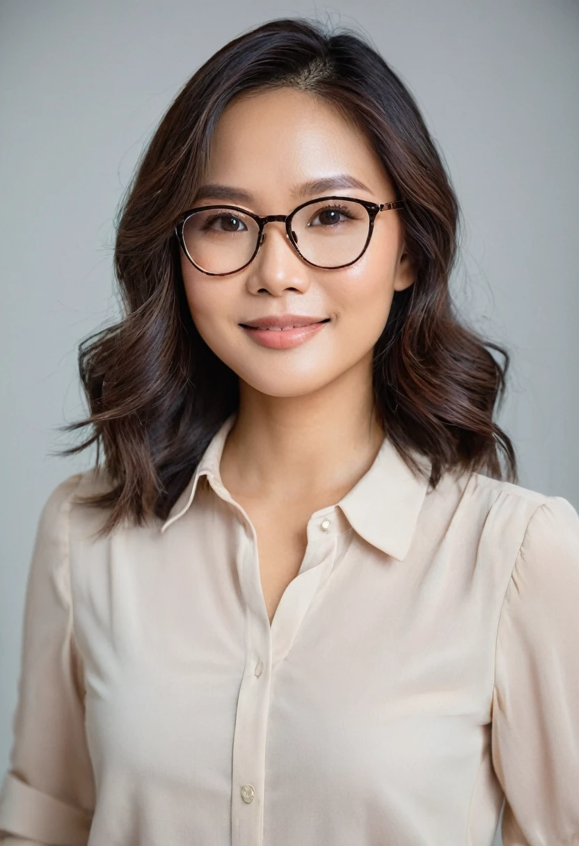 Create a portrait of a beautiful Filipina woman in her late 20s with dark brown, shoulder-length hair that has a soft wave. She has a radiant, warm complexion with a beauty mark just under her eyebrow, above her upper lip on the left side of her face. She is wearing stylish glasses with thin, dark frames that highlight her almond-shaped, expressive brown eyes. The woman has a subtle, confident smile that exudes a sense of intelligence and grace. Her outfit is elegant yet simple, possibly a blouse in a soft color that complements her skin tone. The background should be softly blurred to keep the focus on her face, with a light, natural tone that adds warmth to the image1girl, Solo, High Resolution, 