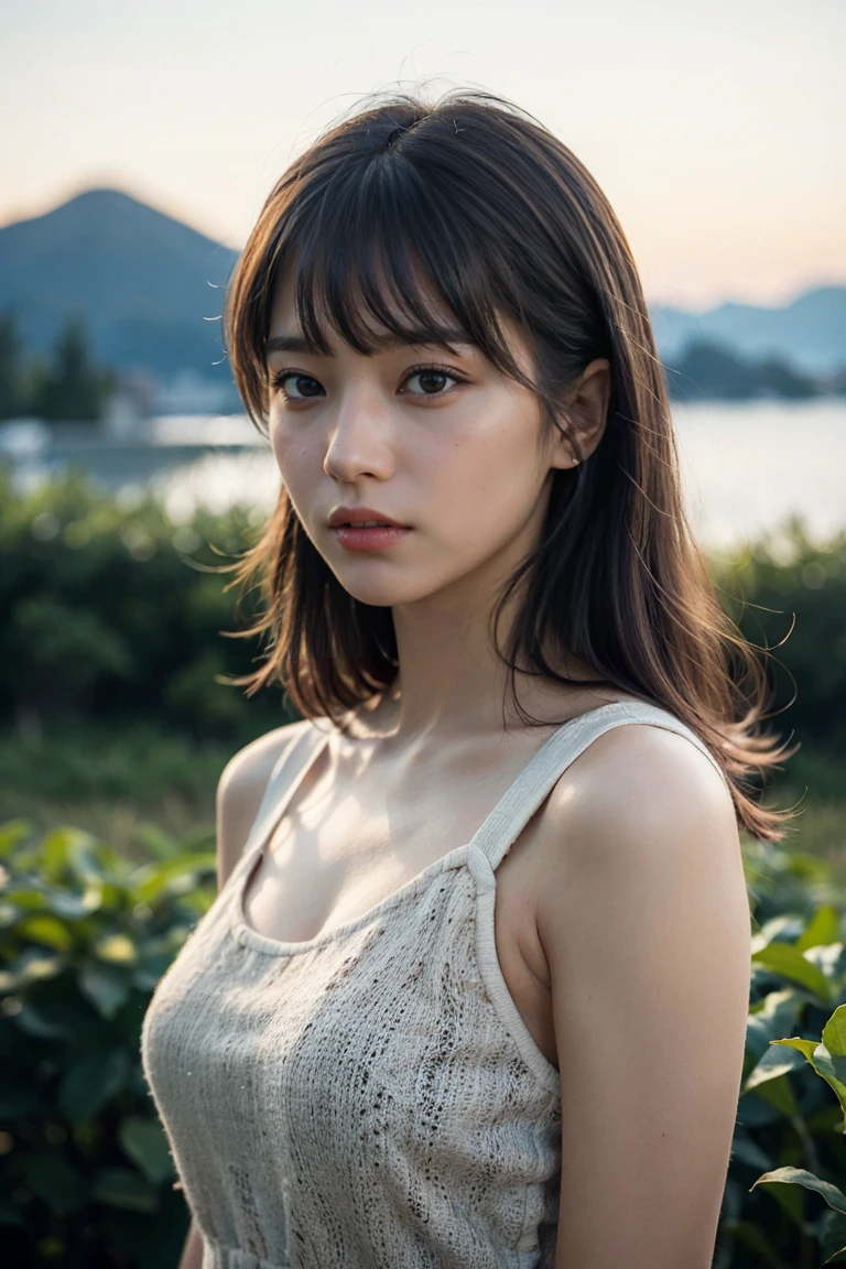 (最high quality), (Realistic, photo-Realistic:1.3), (masterpiece:1.3), CG, Unity, 8k, wonderful, In detail, Very detailed, High resolution, Absurd, (1 Girl), alone, cute, セクシーなボディ最high quality, masterpiece, 超High resolution, (live-action:1.3), Original photo, (Nature Photography), (Majestic mountain peaks、sea of clouds), (Very wide summit), (sunset), (Natural light:1.0), (Side view:0. 0), (Upper Body: 1.8), (Close-up: 0.8), Portrait, Cinematic lighting, shine, Ray Tracing, reflected light, f135mm, uhd, correct, Skin Texture, Super Detail, Amazing details, high quality, 最high quality, 8k, (Surrealism: 1. 2)、BREAK、(Japanese:1.3)、(28 years old:1.0)、(Small breasts:1.2)、(Long, large, narrow eyes:1.8)、(Realistic eyes:1.8)、(160 cm height:1.2)、I'm a little overweight、(Transparent white skin:1.2)、(Bright pink short curly hair with bangs:1. 3)、(Dark eyeshadow makeup:1.4)、BREAK、(The right move:1.6)、(Right fingertips:1.6)、Sexy pose、(Put your hand on your cheek:1.8)、BREAK、(Big white headphones:1.4)、((Wearing an orange and white printed strapless dress:1.3))、BREAK, young, (Looking at the audience), (Mouth closed:1.2), Abstract, Very delicate and beautiful, Best Shadow, Beautifully detailed nose, Beautifully detailed by hand, (beautiful, delicate and shiny lips: 1.3), (Glowing skin on face and body), ((blonde)), Curly Hair, (自然なSkin Texture, Hyperrealism, Soft Light, sharp), Exposure Blending, Medium Shot, (High resolution:1.4),