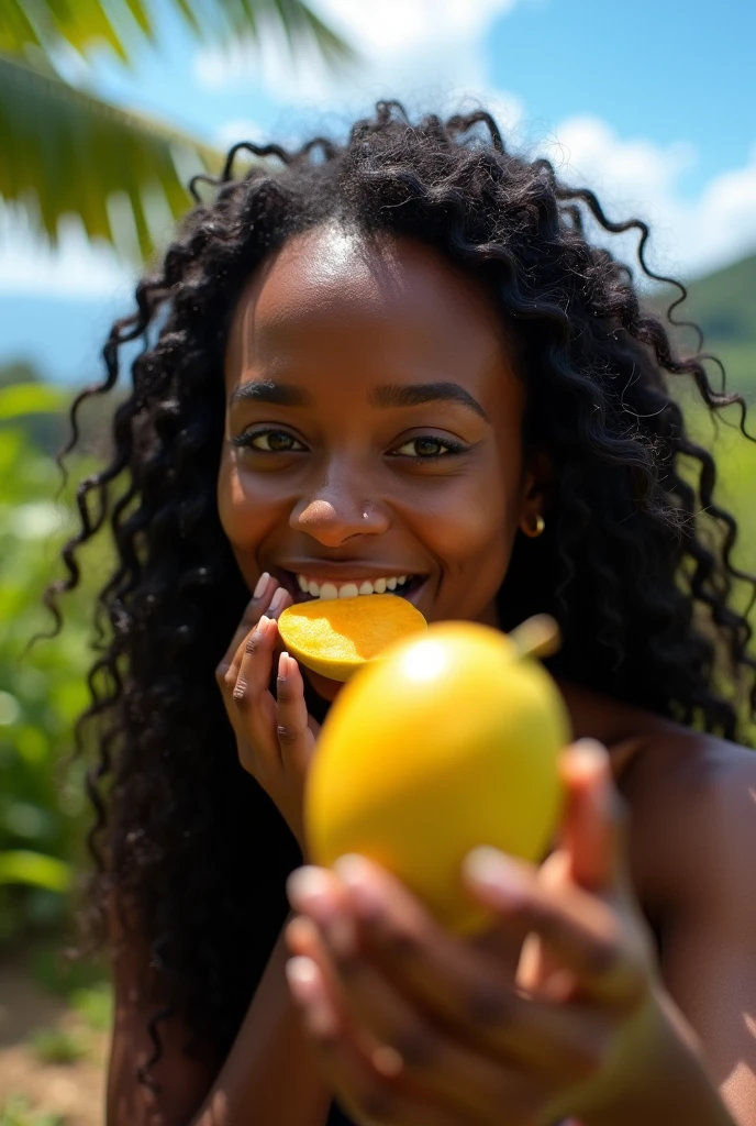  there is a black woman , the woman has curly black curly, she has dark skin, with dark brownish skin, with long curly, long black curly hair she is taking a long shot selfie whilst eating fresh mango in Jamaica