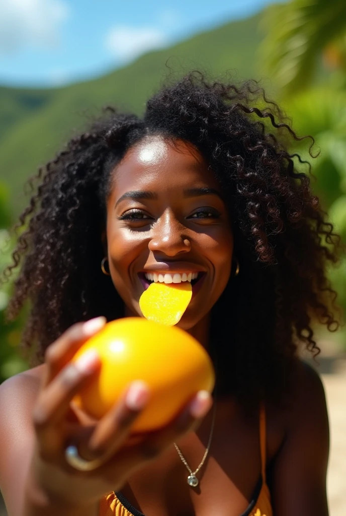 Beautiful Angolan woman、Facing forward、Staring straight ahead、Ecstatic expression、With an erotic look、1 peeled banana、Eating erotically with open mouth。In the background are famous Angolan tourist sites。9:In 16 sizes。With masterpieces of the highest quality。