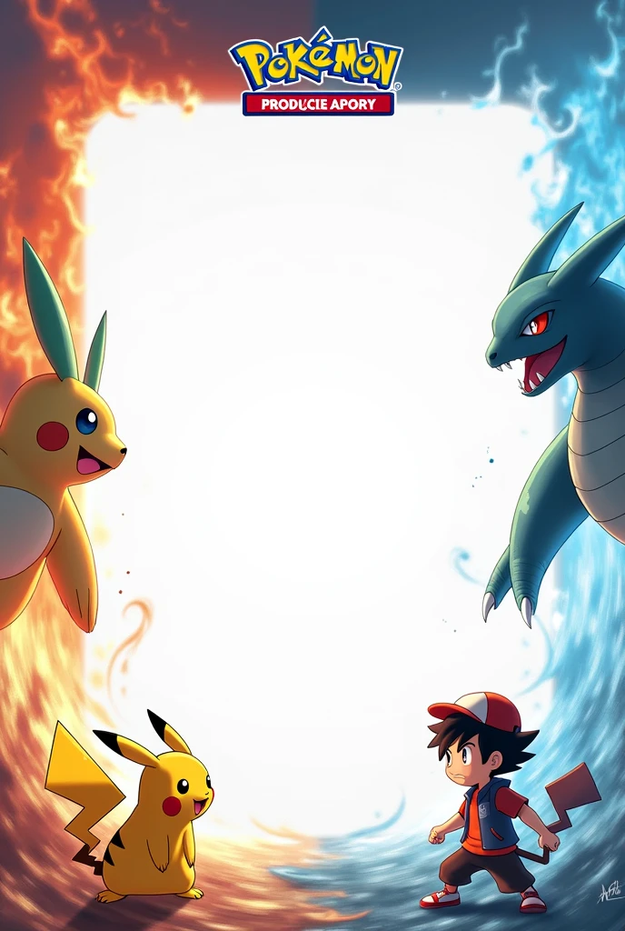 "Create a Pokemon-themed invitation template with two layers:
Background Layer:
Use the provided dynamic battle scene as the full background, showing two legendary Pokemon in intense combat - one using fire-type moves (warm colors) and the other using water-type moves (cool colors). This vibrant, energetic battle should fill the entire background.
Foreground Layer:
Overlay a semi-transparent white rectangle with rounded corners in the center, occupying about 70% of the template's height and 90% of its width. This area should remain empty for TCG card placement.
At the top of this white space, position a semi-transparent 'Pokemon' logo in light blue and yellow.
In the bottom left corner of the white area, place more realistic versions of Ash (as a teenager) and Pikachu, occupying about 20% of the template's height. Important: Ash and Pikachu should be facing forward, looking directly at the viewer. Ash should have a determined expression, and Pikachu should appear cheerful and ready for action.
Add a red border at the very top of the template, a thin black line beneath it, and a gray section at the bottom, as in the original template.
The final design should feature the dynamic battle background with a clean, semi-transparent white overlay, combining Pokemon energy with functionality for TCG card showcase. Ash and Pikachu, facing forward, should add a personal and inviting touch to the template."