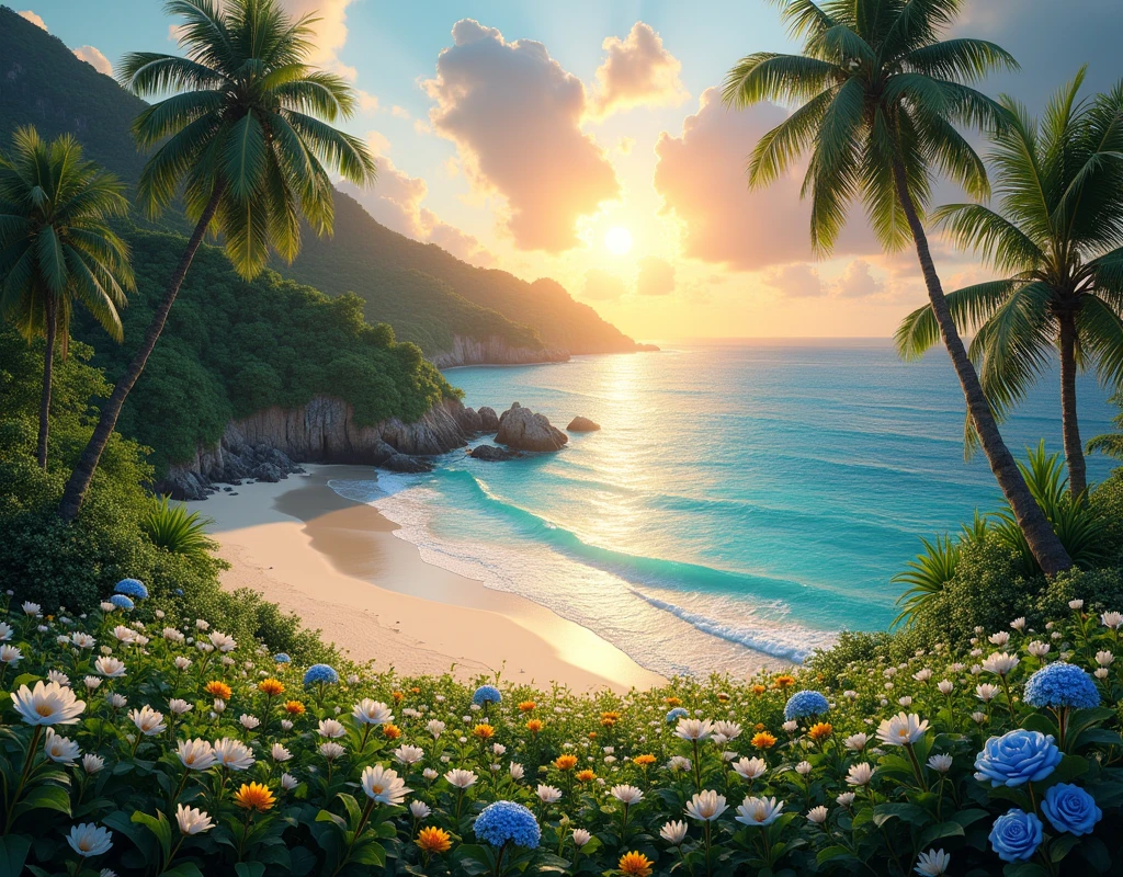 Create an extraordinarily beautiful and surreal tropical island that surpasses the beauty of any known destination, including Fernando de Noronha. This island, a true paradise, features lush, vibrant greenery that stretches across the landscape, intertwined with fields of white tulips, yellow daisies, and striking blue roses. The setting sun, large and golden, descends towards the horizon, casting a warm, ethereal light across the scene, with its rays reflecting off the serene, turquoise ocean.

The island's pristine beach is framed by soft, powdery white sand, gently caressed by crystal-clear waters that shimmer under the fading sunlight. Palm trees, towering and elegant, sway lightly in the tropical breeze, while the flora is enriched with exotic, colorful plants, adding layers of texture and beauty to the environment. The composition includes towering cliffs adorned with cascading waterfalls, and hidden coves that invite exploration, all enveloped in a tranquil, untouched atmosphere.

This island is the epitome of a tropical dream, where every detail, from the vibrant flora to the peaceful waves, is meticulously crafted to evoke a sense of awe and serenity. The setting is so perfect, so breathtaking, that it would undoubtedly be crowned the best beach in the world by any leading travel magazine. Utilize advanced AI techniques to ensure a photorealistic, hyper-detailed representation that captures the imagination and transports the viewer to this ultimate tropical haven.