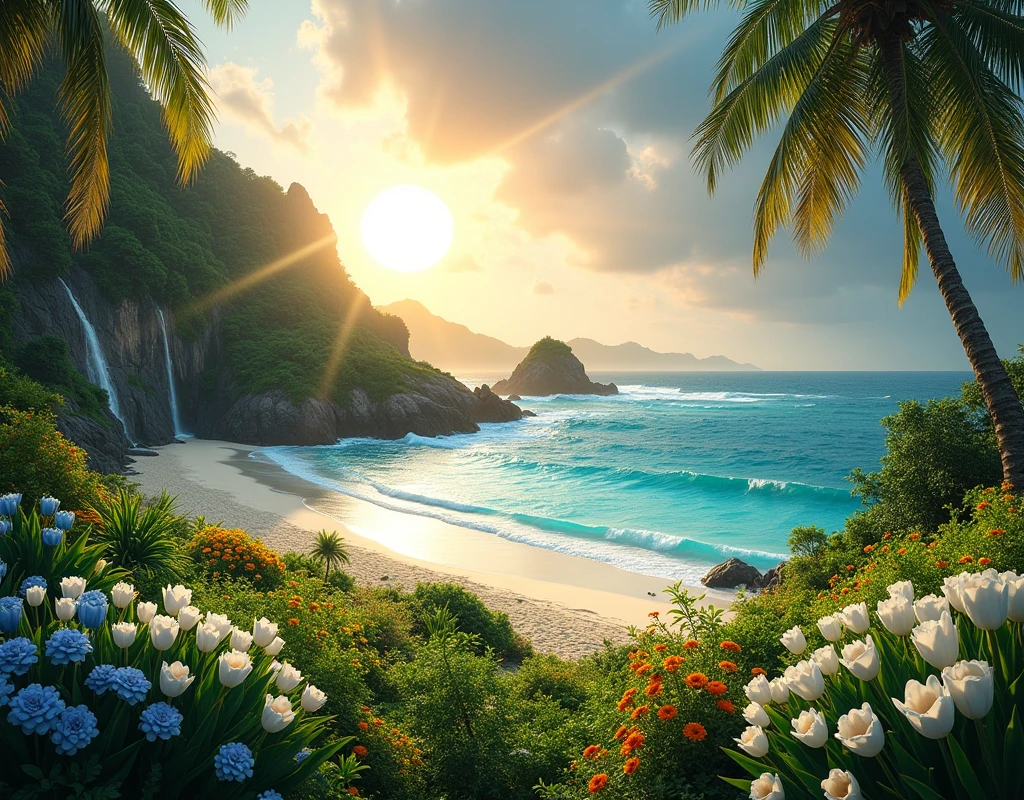 Create an extraordinarily beautiful and surreal tropical island that surpasses the beauty of any known destination, including Fernando de Noronha. This island, a true paradise, features lush, vibrant greenery that stretches across the landscape, intertwined with fields of white tulips, yellow daisies, and striking blue roses. The setting sun, large and golden, descends towards the horizon, casting a warm, ethereal light across the scene, with its rays reflecting off the serene, turquoise ocean.

The island's pristine beach is framed by soft, powdery white sand, gently caressed by crystal-clear waters that shimmer under the fading sunlight. Palm trees, towering and elegant, sway lightly in the tropical breeze, while the flora is enriched with exotic, colorful plants, adding layers of texture and beauty to the environment. The composition includes towering cliffs adorned with cascading waterfalls, and hidden coves that invite exploration, all enveloped in a tranquil, untouched atmosphere.

This island is the epitome of a tropical dream, where every detail, from the vibrant flora to the peaceful waves, is meticulously crafted to evoke a sense of awe and serenity. The setting is so perfect, so breathtaking, that it would undoubtedly be crowned the best beach in the world by any leading travel magazine. Utilize advanced AI techniques to ensure a photorealistic, hyper-detailed representation that captures the imagination and transports the viewer to this ultimate tropical haven.