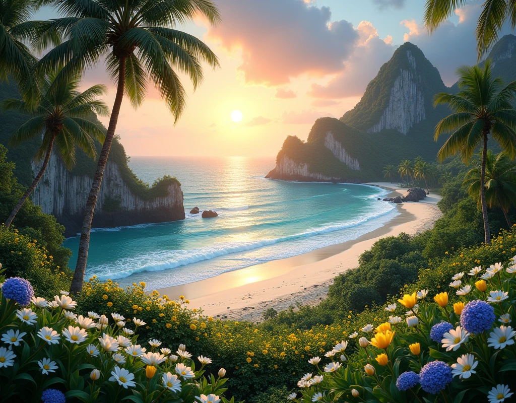 Create an extraordinarily beautiful and surreal tropical island that surpasses the beauty of any known destination, including Fernando de Noronha. This island, a true paradise, features lush, vibrant greenery that stretches across the landscape, intertwined with fields of white tulips, yellow daisies, and striking blue roses. The setting sun, large and golden, descends towards the horizon, casting a warm, ethereal light across the scene, with its rays reflecting off the serene, turquoise ocean.

The island's pristine beach is framed by soft, powdery white sand, gently caressed by crystal-clear waters that shimmer under the fading sunlight. Palm trees, towering and elegant, sway lightly in the tropical breeze, while the flora is enriched with exotic, colorful plants, adding layers of texture and beauty to the environment. The composition includes towering cliffs adorned with cascading waterfalls, and hidden coves that invite exploration, all enveloped in a tranquil, untouched atmosphere.

This island is the epitome of a tropical dream, where every detail, from the vibrant flora to the peaceful waves, is meticulously crafted to evoke a sense of awe and serenity. The setting is so perfect, so breathtaking, that it would undoubtedly be crowned the best beach in the world by any leading travel magazine. Utilize advanced AI techniques to ensure a photorealistic, hyper-detailed representation that captures the imagination and transports the viewer to this ultimate tropical haven.