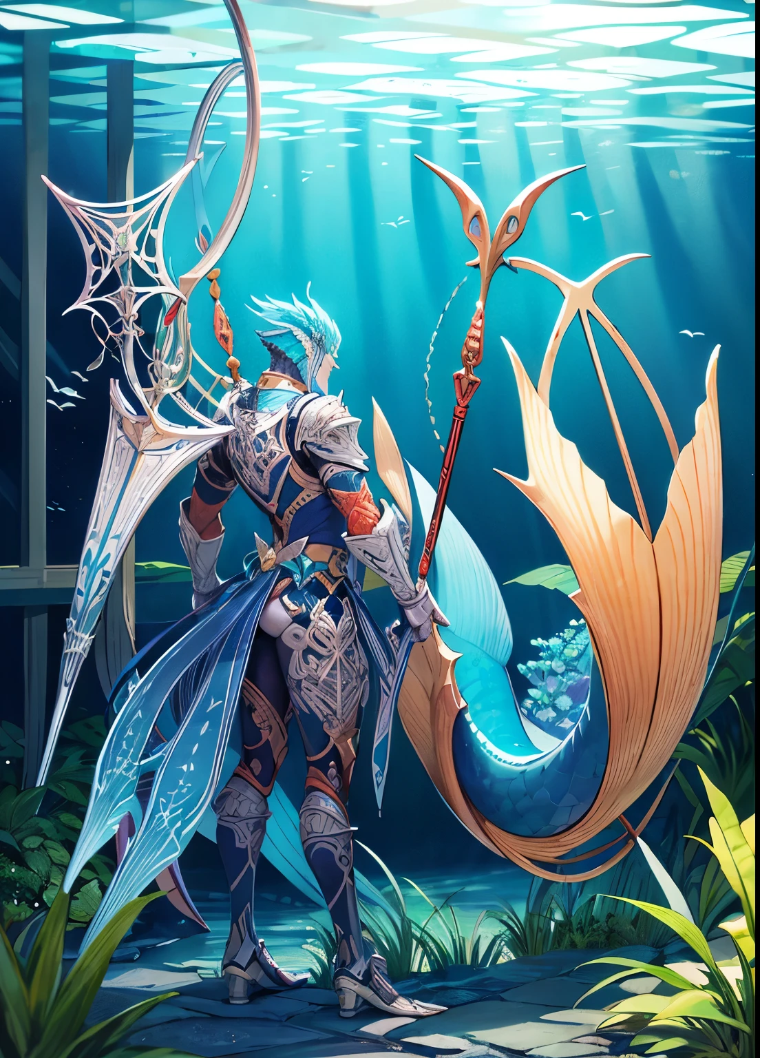 Fish man, aqua green armor, trident, biped, large fish tail, aquatic palace, intricate, 8k, very detailed, perfect, no mutations.