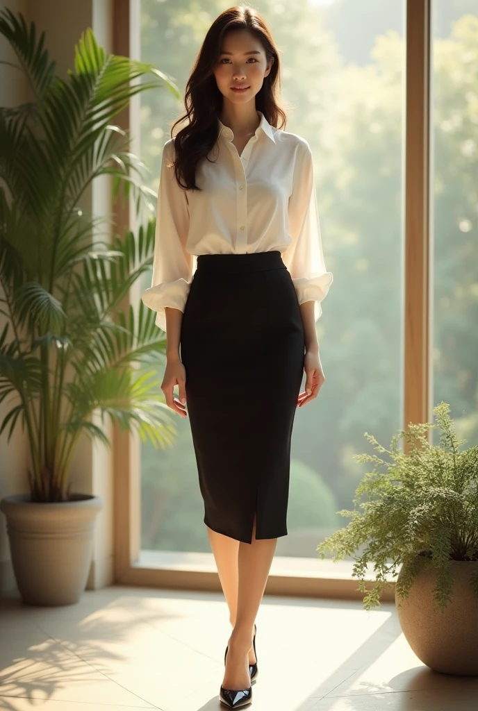 An elegantly dressed Japanese woman in natural light、44 years old, wearing a white shirt and a black tight skirt。Black high heels。