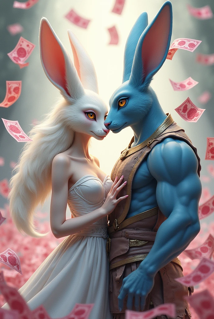 A princess in the form of an albino fox, yellow eyes with a white dress with pink money with her boyfriend in the form of a strong blue rabbit with torn clothes, claws, blue with human face