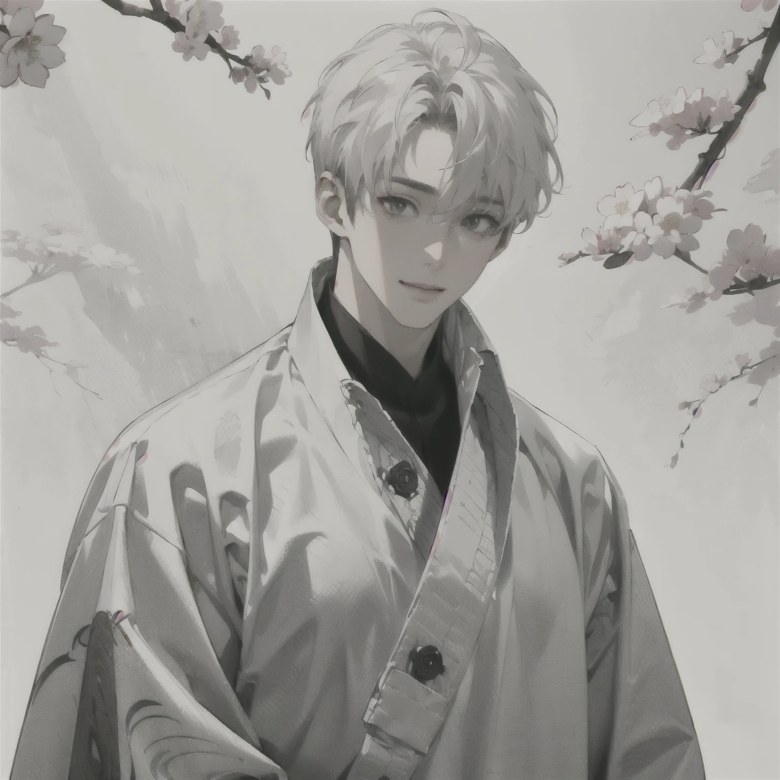 (masterpiece), (5K), (best quality), young man, slim body, ((short white hair)). A gentle smile. Dressed in a elegant white clothing, reminiscent of a royal garment. Background Spring Theme with cherry blossoms