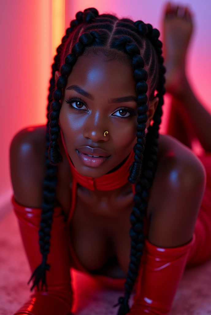 nigerian woman, young, naked, three braids, golden braid beads, septum piercing, dimples, thick collar around neck, naughty expression, woman laying on floor, red latex bodysuit, neon lights, close-up, UHD, retina, masterpiece, accurate, anatomically correct, textured skin, super detail, high details, high quality, award winning, best quality, highres