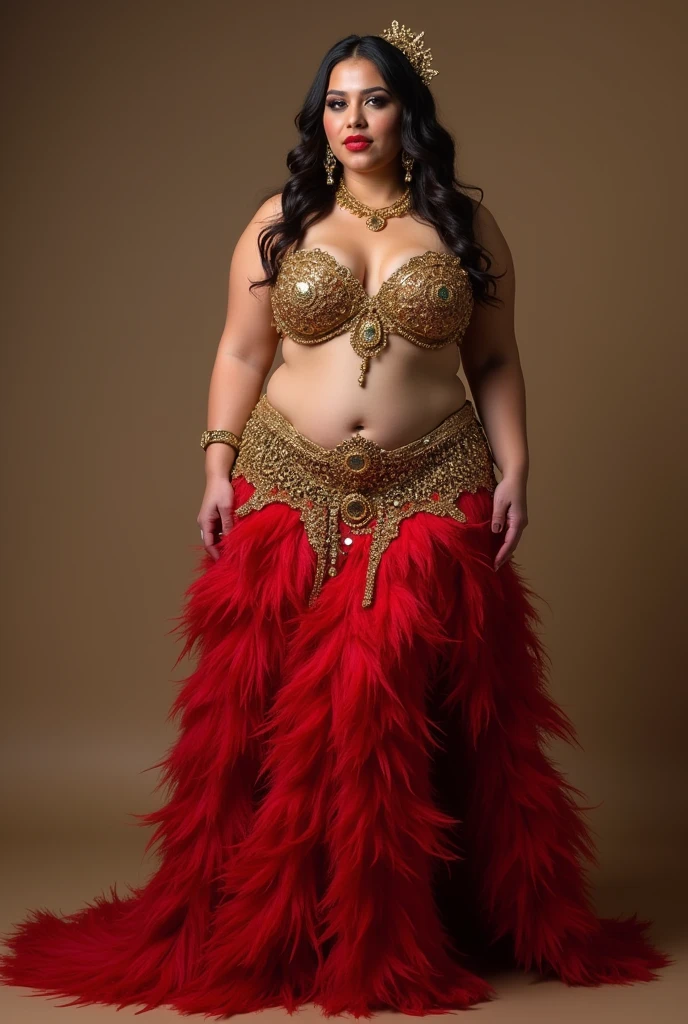 plus size belly dancer woman with golden bra and long feathery skirts