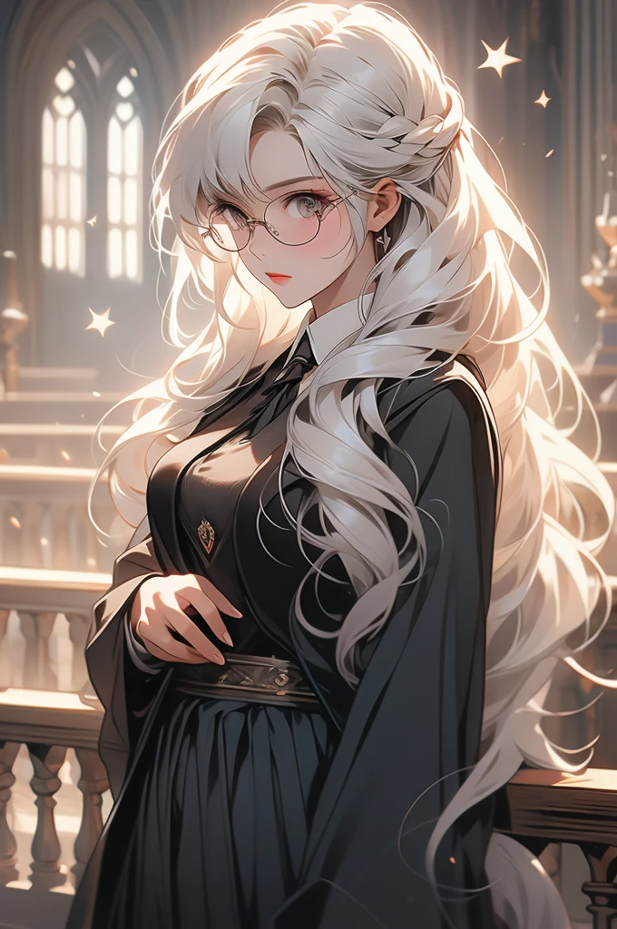 1 girl, floor-long hair, black skirt, academy uniform, hogwarts, glasses, looking down at viewer, voluptuous, white hair