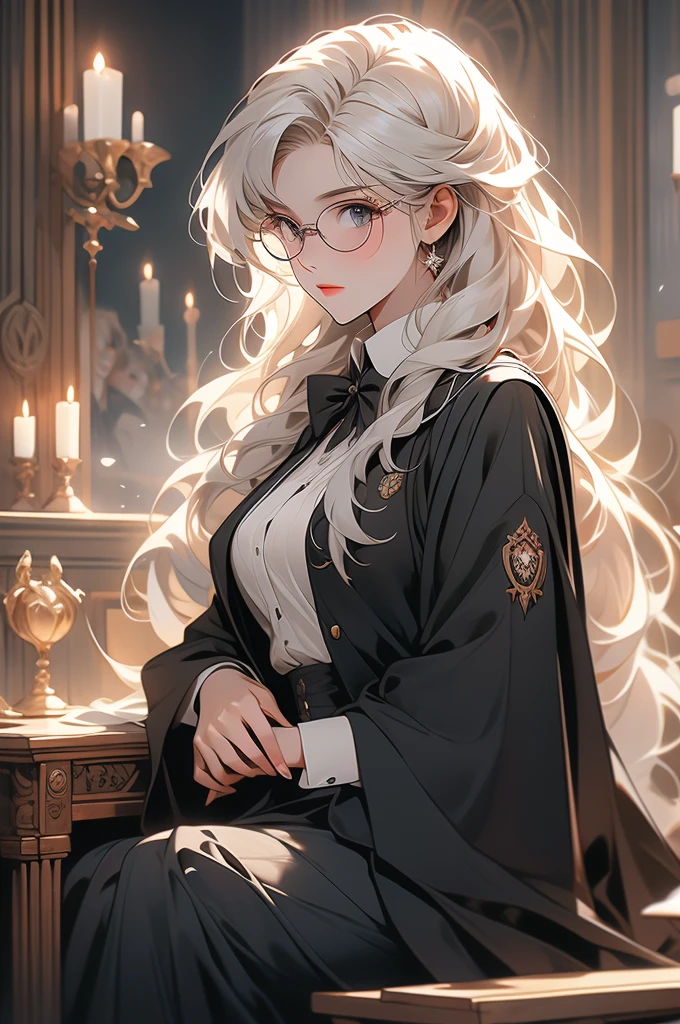 1 girl, floor-long hair, black skirt, academy uniform, hogwarts, glasses, looking down at viewer, voluptuous, white hair