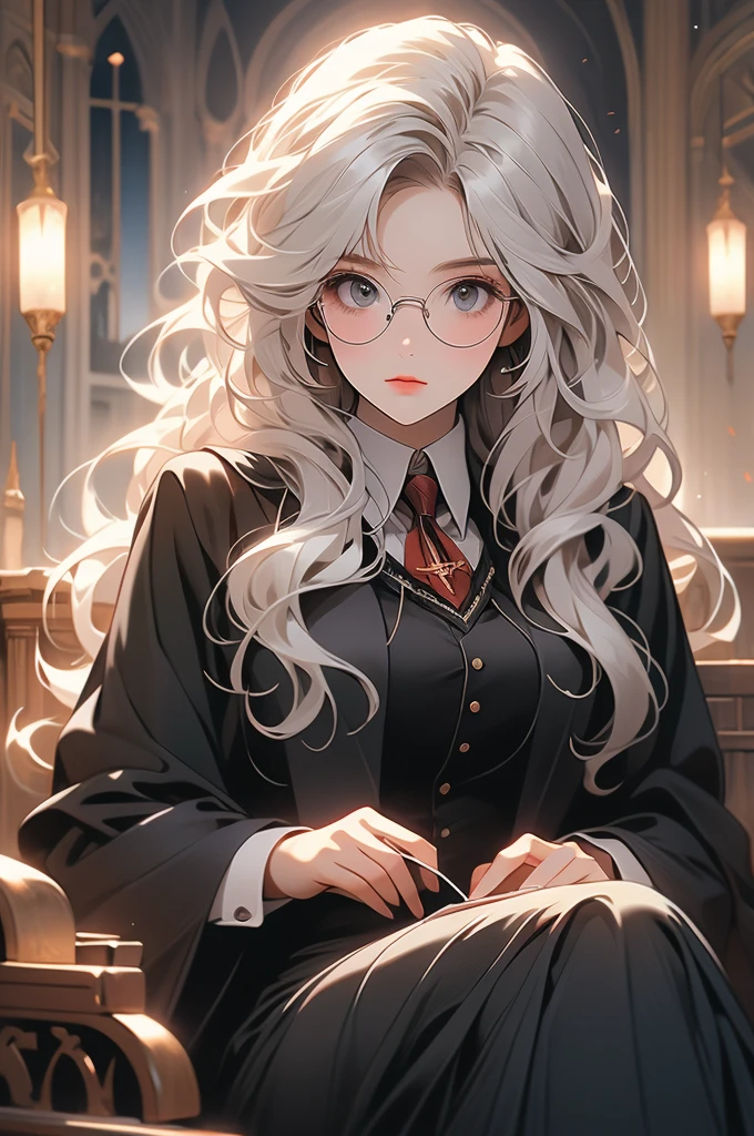 1 girl, floor-long hair, black skirt, academy uniform, hogwarts, glasses, looking down at viewer, voluptuous, white hair
