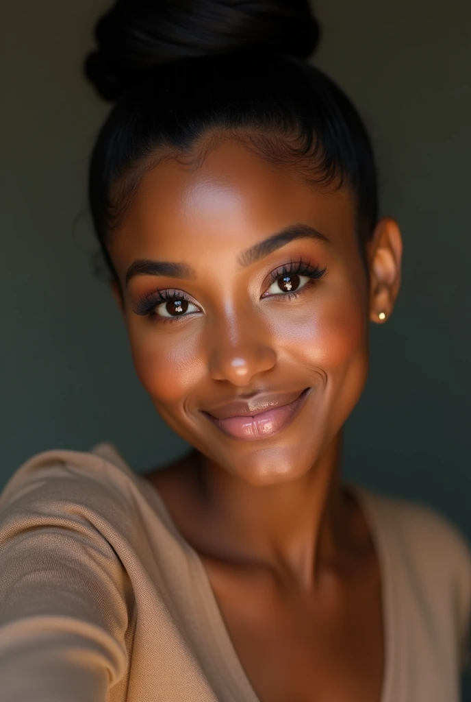 a young black girl,  24, petite muscular hour-glass frame, confident smile, perfect teeth, pov, masterpiece, masterpiece, textured skin, super detail, high details, award winning, best quality, HD, 1080P, 16k