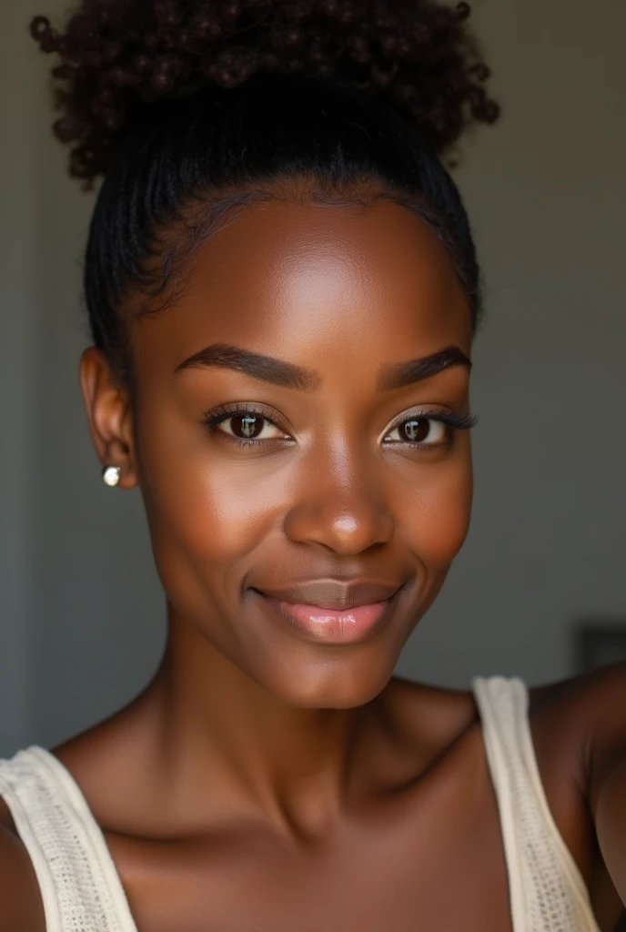 there is a black woman , the woman has her hair slicked back in to a bun and her baby hairs are styled, she has brown skin, with  brownish skin, with she is taking a long shot selfie