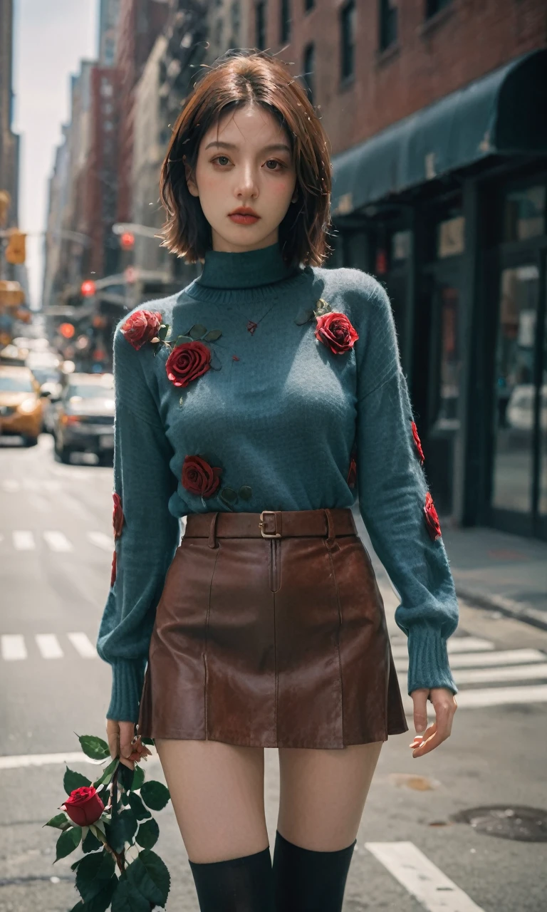 xxmixgirl,1 female, detailed eyes,detailed face , detailed thighs, on street in New York, detailed background, cinematic shadow, dramatic lighting by Bill Sienkiewicz, ( SimplepositiveXLv1:0.7), xxmix_girl, aesthetic portrait, low angle cowboy shot image, tight sweater, (full field roses :1.4),
(puff long sleeve:1.3), mermaid knit mini skirt, model pose,