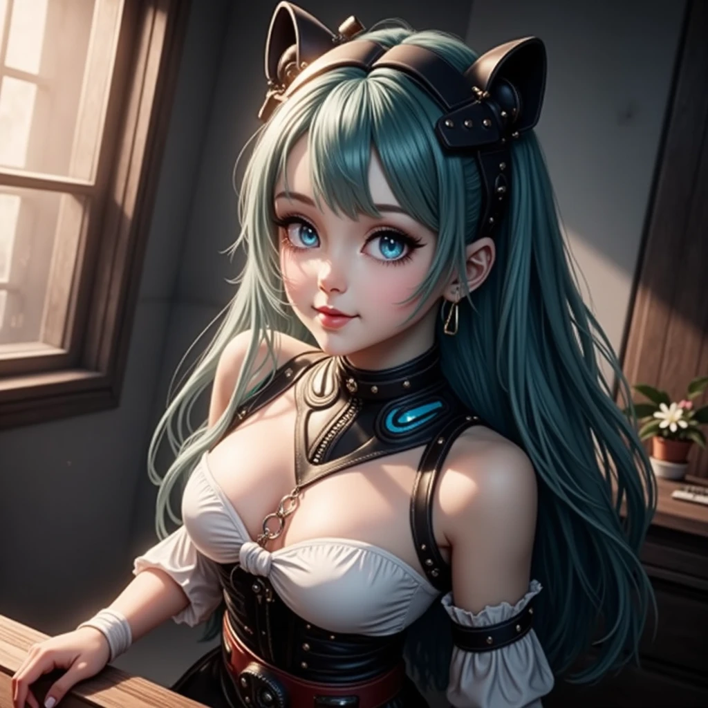 (best quality,ultra-detailed,realistic:1.37),cute anime girl,light blue hair,detailed eyes,detailed lips,smiling,wearing a cute outfit,cheerful expression,vibrant colors,soft lighting,anime style,fantasy background,playful pose,beautifully illustrated, vtuber, cyberpunk anime girl,
