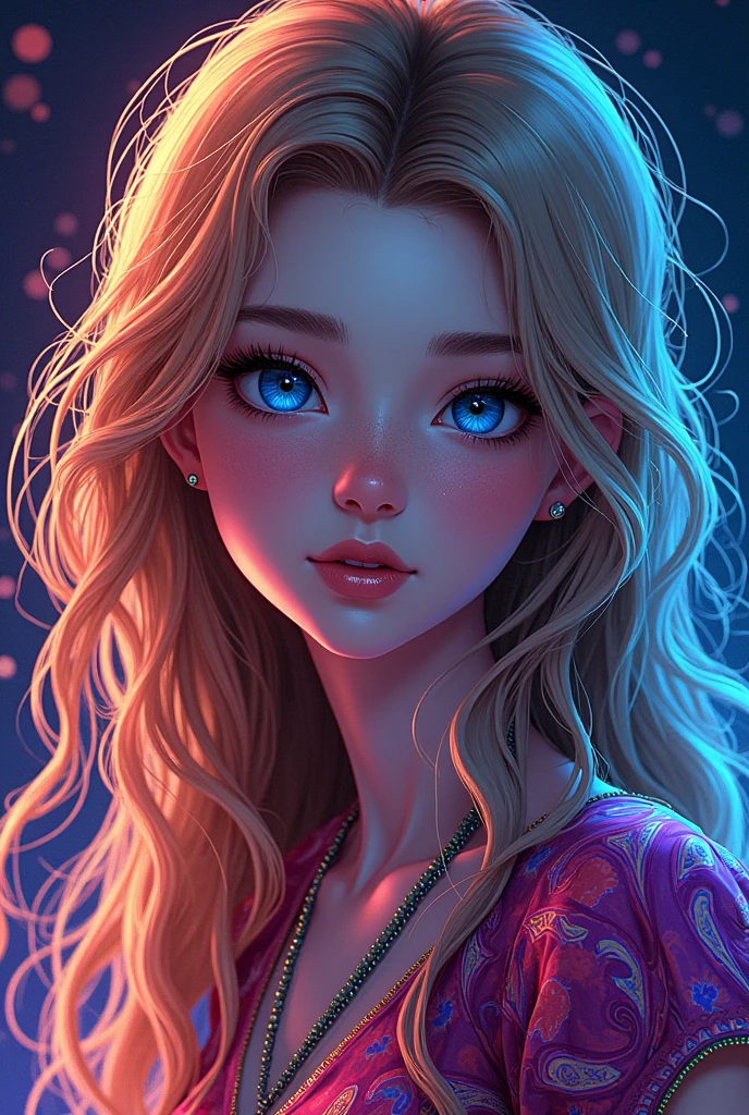 (Masterpiece, Top Quality, Best Quality, Official Art, Beautiful and aesthetic:1.2), (1Girl:1.3), Extremely detailed,(fractal art:1.2),colourfull,highest details,( Zentangle neon:1.2), (Dynamic Pose), (Abstract background neon:1.5), (treditional dress:1.2), (sparkly skin), (many colors:1.4), upper half body ,neons,16 k,Full HD, Blue Eyes, beautidful eyes, extremely detailed eyes and face, Beautiful detailed eyes, Ultra-detailed, light on the face, with long blond hair, Blonde hair, Slim Body, Fair skin, a 18 year old girl