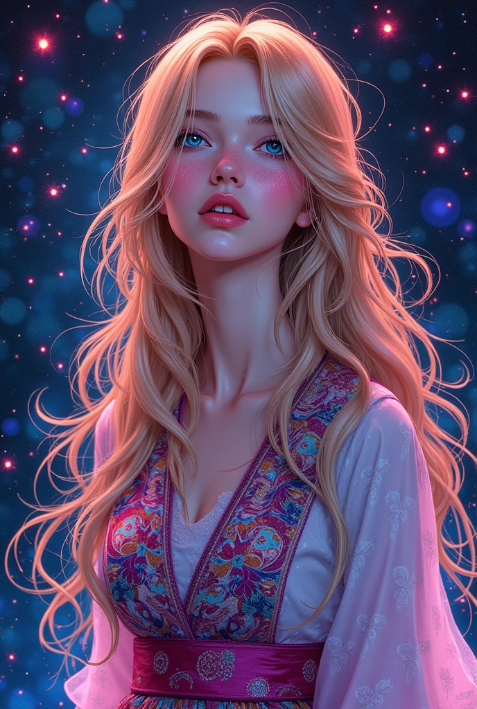 (Masterpiece, Top Quality, Best Quality, Official Art, Beautiful and aesthetic:1.2), (1Girl:1.3), Extremely detailed,(fractal art:1.2),colourfull,highest details,( Zentangle neon:1.2), (Dynamic Pose), (Abstract background neon:1.5), (treditional dress:1.2), (sparkly skin), (many colors:1.4), upper half body ,neons,16 k,Full HD, Blue Eyes, beautidful eyes, extremely detailed eyes and face, Beautiful detailed eyes, Ultra-detailed, light on the face, with long blond hair, Blonde hair, Slim Body, Fair skin, a 18 year old girl