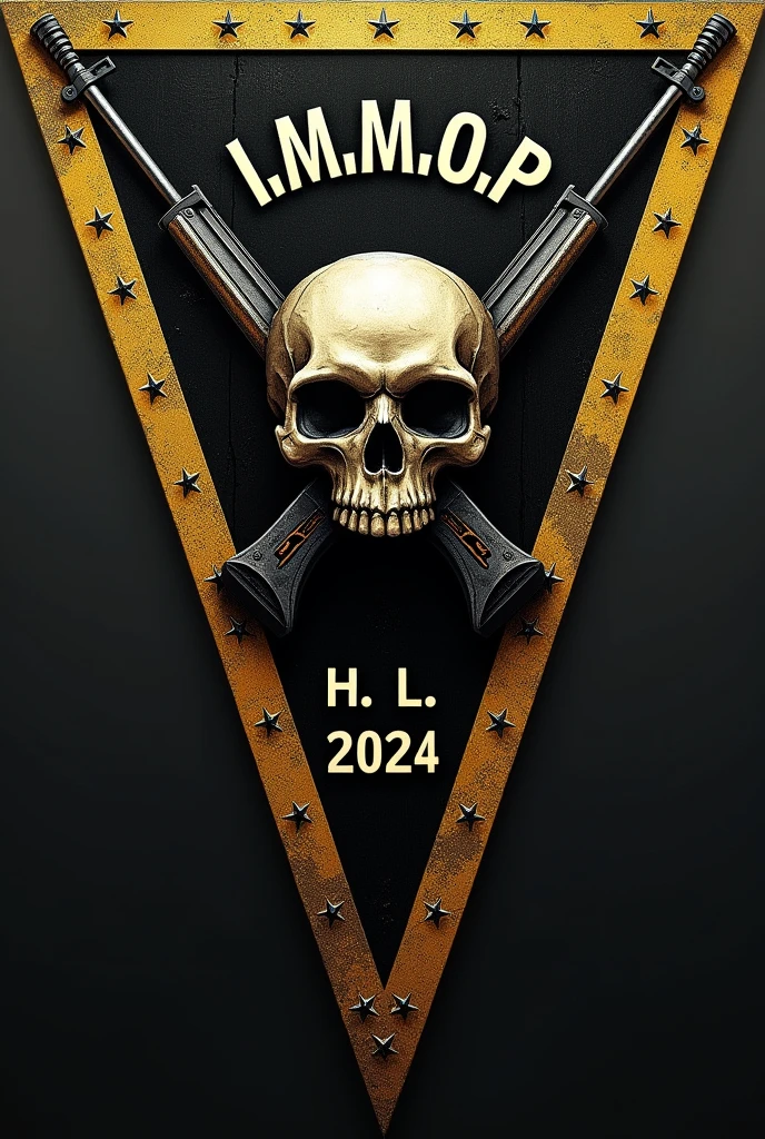 Make a triangular flag horizontally and have a black background and golden edges and in the center there is a skull and crossed rifles and in the upper part before the skull and rifles it says I.m.m.O.p. and at the bottom after the skull and rifles say H.L. and what under H.L. say 2024 .