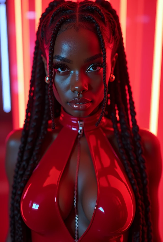 nigerian woman, young, naked, three braids, golden braid beads, septum piercing, dimples, thick collar around neck, naughty expression, standing straight, red latex bodysuit, neon lights, close-up, UHD, retina, masterpiece, accurate, anatomically correct, textured skin, super detail, high details, high quality, award winning, best quality, highres