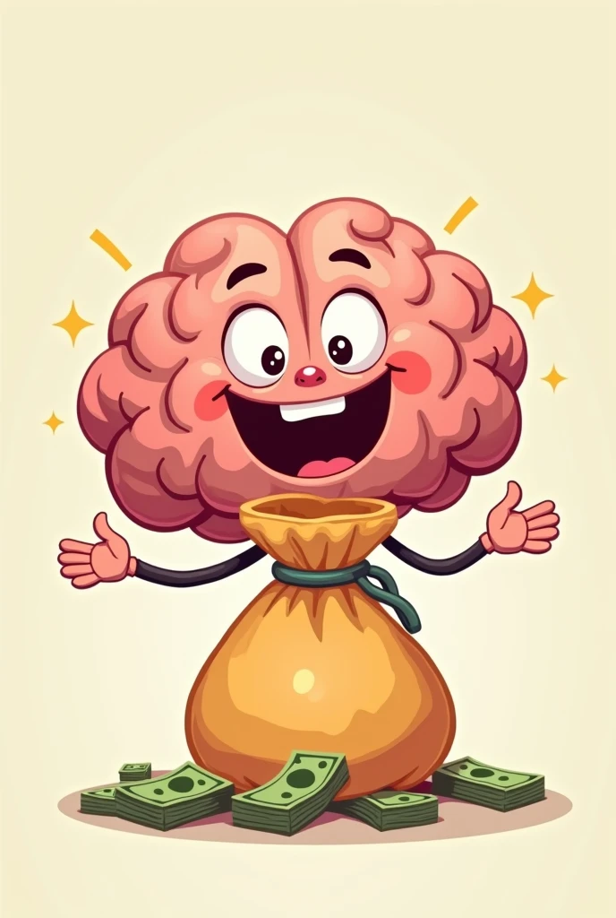 Smiling and excited intellectual cartoon brain thinking about a bag of money