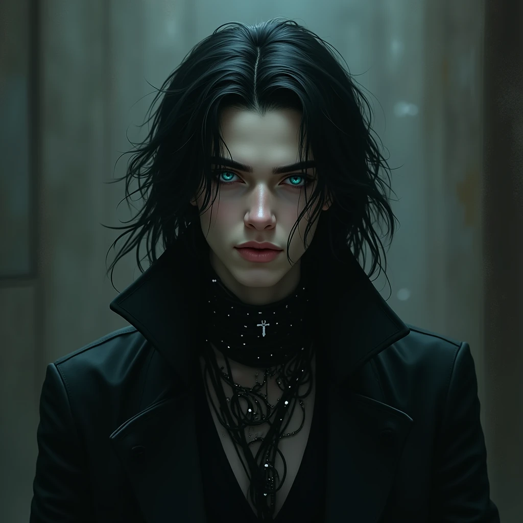 A sexy male with delicate facial features, black long hair, and teal blue eyes with all-black gothic clothes. Listening to the metal band called Breaking Benjamin. 