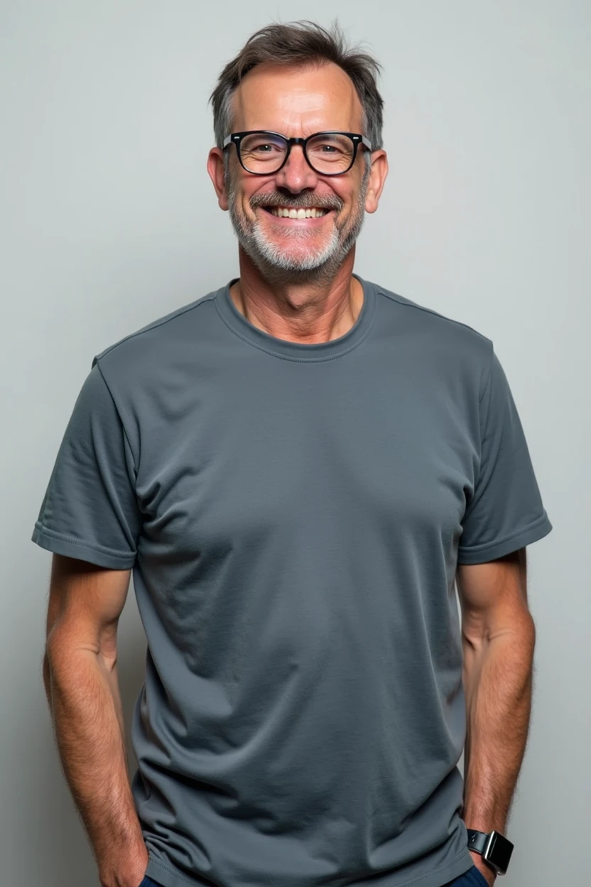 I need a picture of a man in casual clothes, glasses and approximately 45 years old, neutral background and slightly cheerful expression. It may only be from the chest region upwards., It's for a profile picture. It is not meant to be full body.