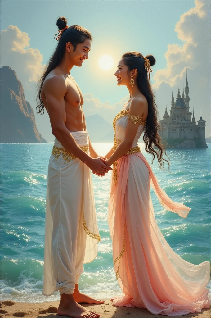 full lenght, full-body picture of a young man with long black hair, beautiful face, long black hair tied loosely, wearing a white traditional Thai costume, a white loincloth with gold sparkles, looking at each other, a young woman with long black hair, beautiful, wearing a white and pink gold Thai costume, wearing a small beautiful crown, walking holding hands and smiling at each other, sea scene, with a castle in the distance, aura light from the water, glowing, sparkling all around, powerful, 3D oil painting, full-body picture, clear picture, full body from a distance