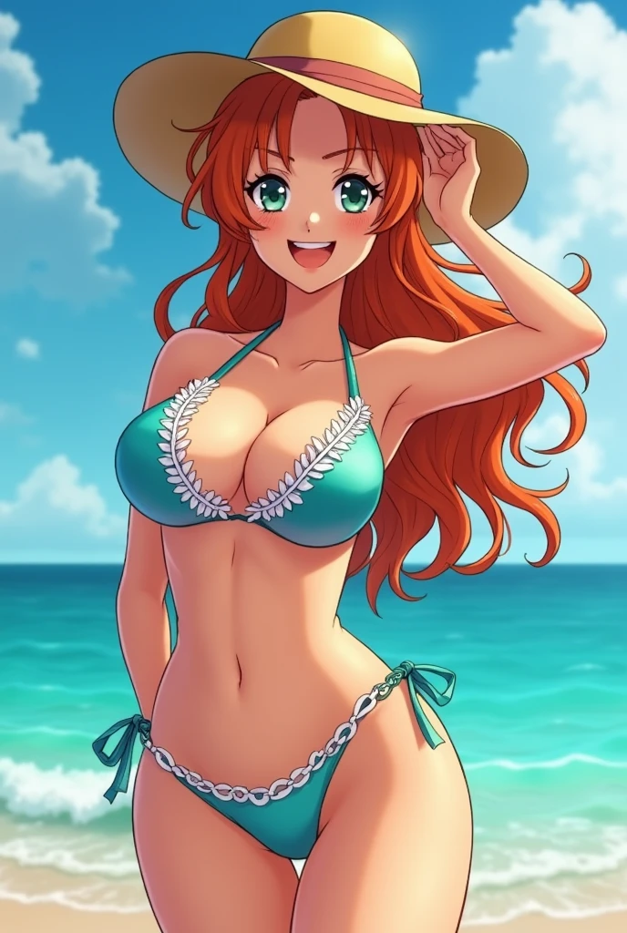 I want the character Nami from one piece, with two piece swimsuit, color lila, on the beach