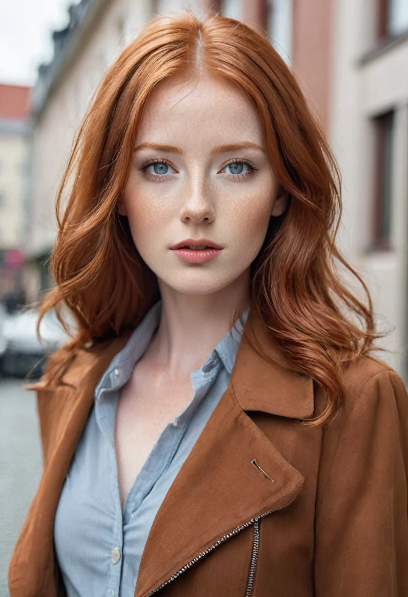 a close up of a woman with red hair and a brown jacket, red hair and attractive features, flowing ginger hair, ginger hair, ginger hair with freckles, copper hair, redhead woman, a redheaded young woman, red head, yelena belova, she has long redorange hair, long glowing red hair, redhead girl, anna nikonova aka newmilky