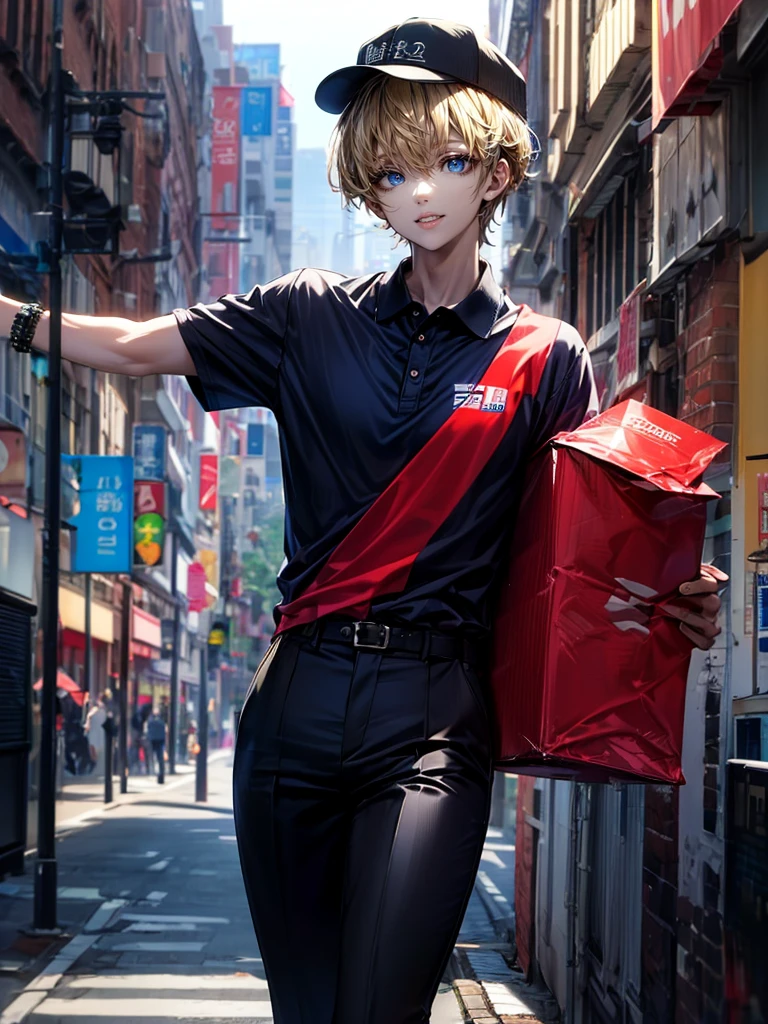 masterpiece,(bestquality),highlydetailed,ultra-detailed,1men,21 year old young man(glowingeyes:Red,:1.2,elongatedears:0.8),(Navy polo shirt with red stripes and work pants、ネイビー系🧢キャップ、Courierの服装:1.1),(2pcs🧾📦、Holding a cardboard box、Courier)（In the city）,(Handsome、Short blonde hair with bangs:1.5）(Focus on men:1.5)（Center parted bangs:1.5）(Slim and tall:1.2)Parted bangs, (Bangs between the eyes:0.5)(muscle:0.7)smile、漢らしいsmile、狂気的なsmile, Red line polo shirt