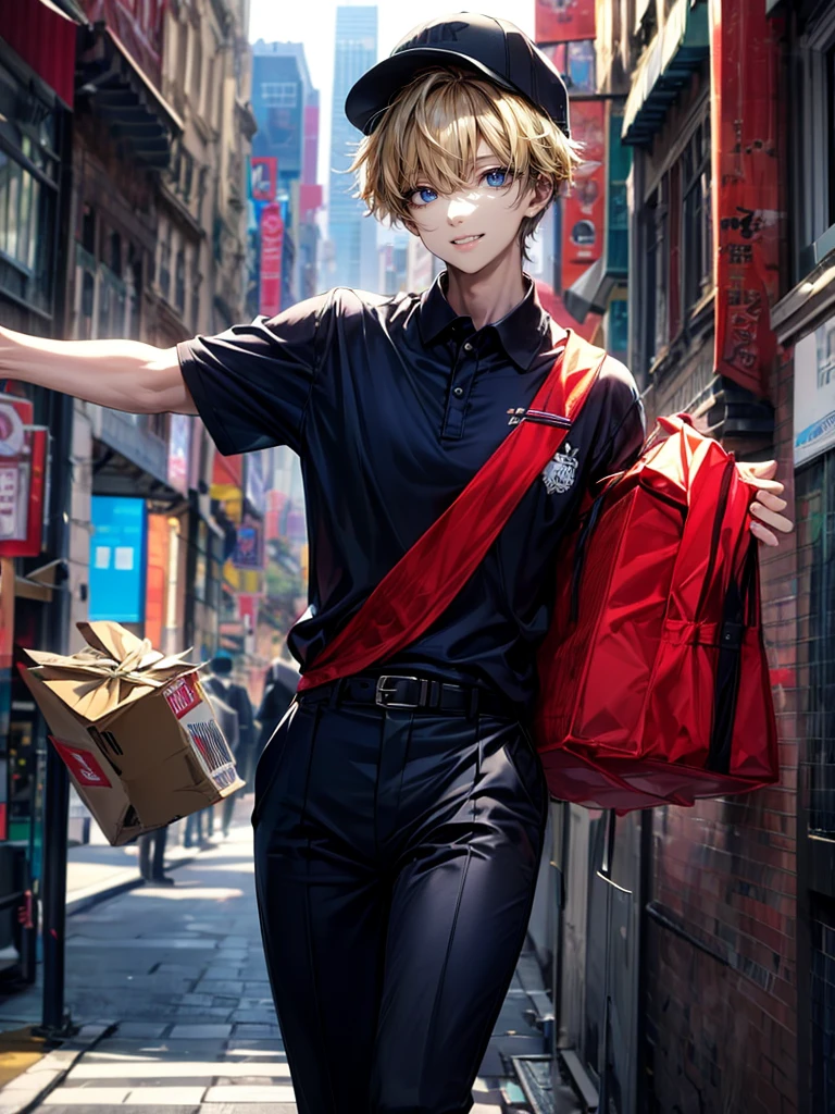 masterpiece,(bestquality),highlydetailed,ultra-detailed,1men,21 year old young man(glowingeyes:Red,:1.2,elongatedears:0.8),(Navy polo shirt with red stripes and work pants、ネイビー系🧢キャップ、Courierの服装:1.1),(2pcs🧾📦、Holding a cardboard box、Courier)(In the city),(Handsome、Short blonde hair with bangs:1.5)(Focus on men:1.5)(Center parted bangs:1.5)(Slim and tall:1.2)Parted bangs, (Bangs between the eyes:0.5)(muscle:0.7)smile、漢らしいsmile、狂気的なsmile, Red line polo shirt