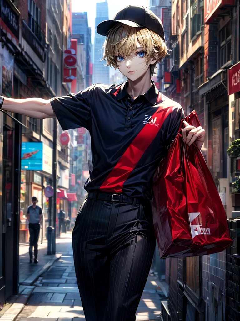 masterpiece,(bestquality),highlydetailed,ultra-detailed,1men,21 year old young man(glowingeyes:Red,:1.2,elongatedears:0.8),(Navy polo shirt with red stripes and work pants、ネイビー系🧢キャップ、Courierの服装:1.1),(2pcs🧾📦、Holding a cardboard box、Courier)(In the city),(Handsome、Short blonde hair with bangs:1.5)(Focus on men:1.5)(Center parted bangs:1.5)(Slim and tall:1.2)Parted bangs, (Bangs between the eyes:0.5)(muscle:0.7)smile、漢らしいsmile、狂気的なsmile, Red line polo shirt