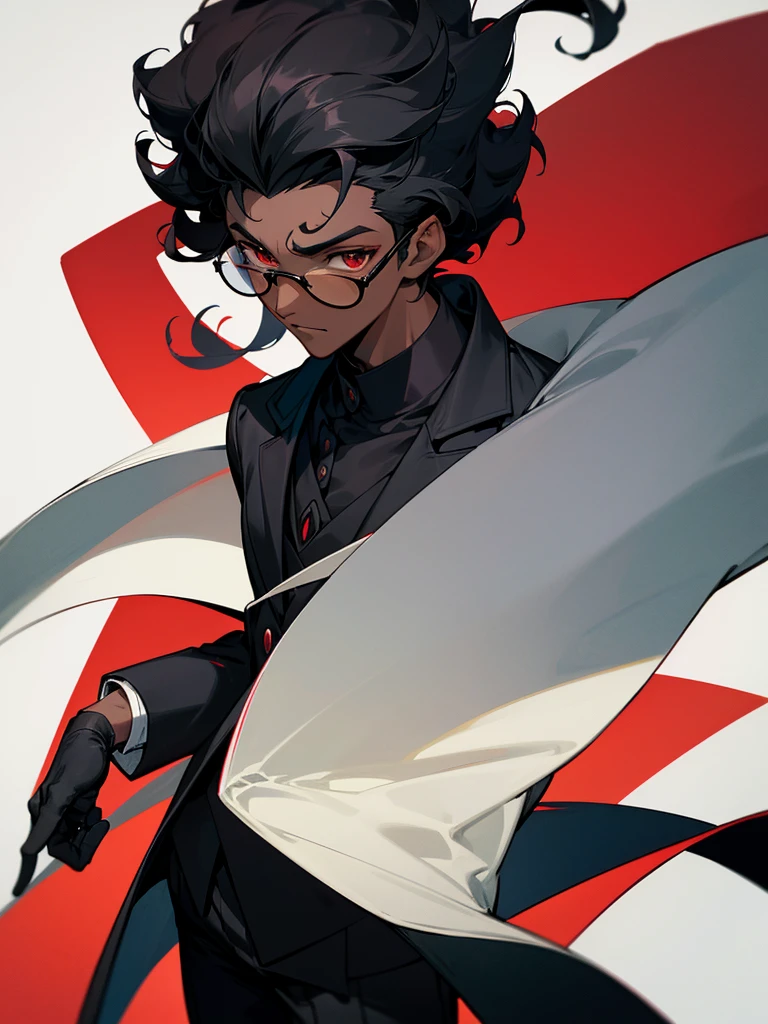 Image of a dark-skinned boy with curly black hair wearing black glasses, a red shirt and a black overcoat with white details on top and wearing black fingerless gloves, with design based on the style of a pokemon trainer.