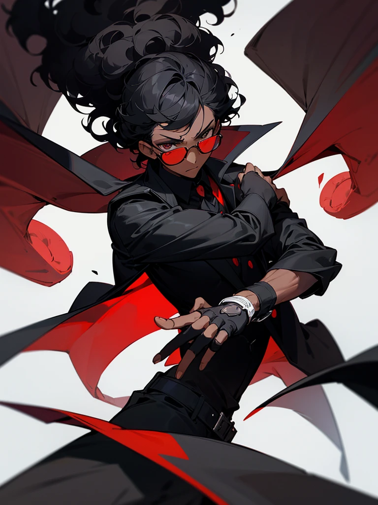 Image of a dark-skinned boy with curly black hair wearing black glasses, a red shirt and a black overcoat with white details on top and wearing black fingerless gloves, with design based on the style of a pokemon trainer.
