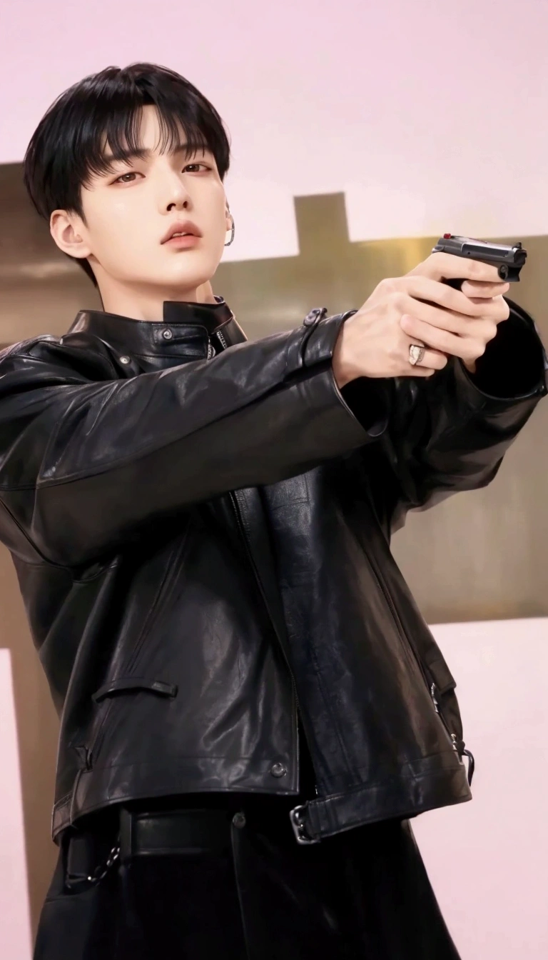 Araffe man in black jacket holding a cell phone in his hand, with gun, Cai Xu Kun, jungkook, wearing a cyberpunk leather jacket, he has a gun!!, black haired yoongi, jia, very aesthetic leather jacket, Holding HK gun in hand, He is wearing a black trench coat, a man dressed in a black jacket, shooting pose, Kim Doyoung