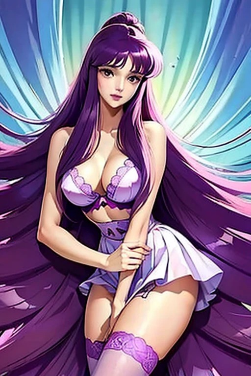 ((best qualityer, best resolution, master part, absurderes)), Saori kido (21 years) wearing gold lace bra and panties and garter belt with 7 matching/tockings, with her long purple hair falling in soft waves around her delicate face. Huge breasts are visible under the fabric, and her skin is smooth and clear, divine goddess, giving you an air of influence and tolerance, rear view