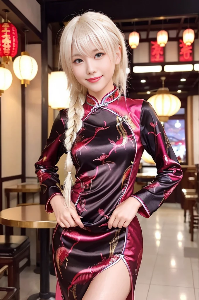 beautiful young woman、lip-gloss、shy smile、whole body、good style、、、、、Big Scorpion Print Tight Mini Cheongsam Dress、Braid、(platinum blonde hair (platinum blonde))、Cinematic Light、large chinese restaurant background