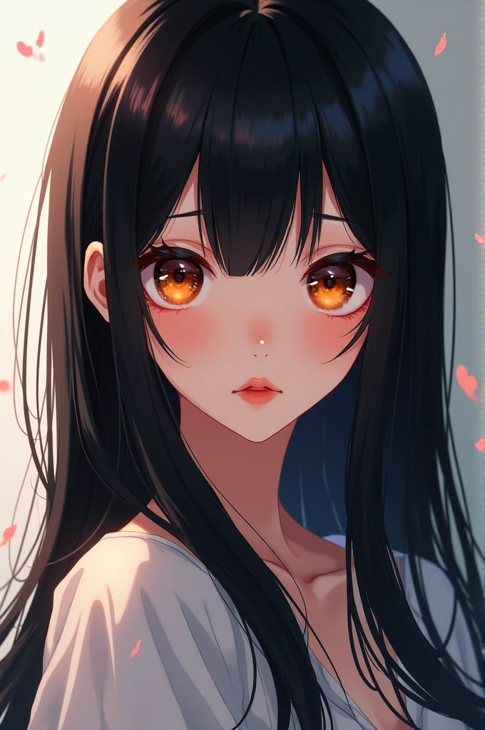 Anime woman with black hair and amber eyes