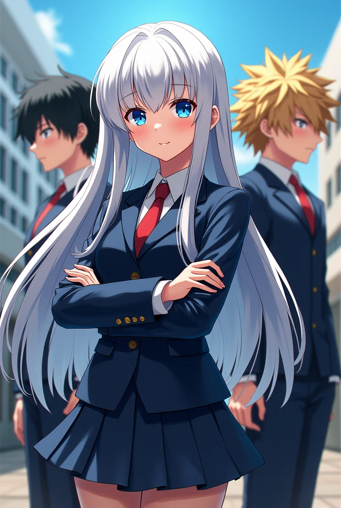 Boku no hero academia template a 15 year old girl with long white hair and blue eyes wearing the ua uniform and bakugo and deku by her side