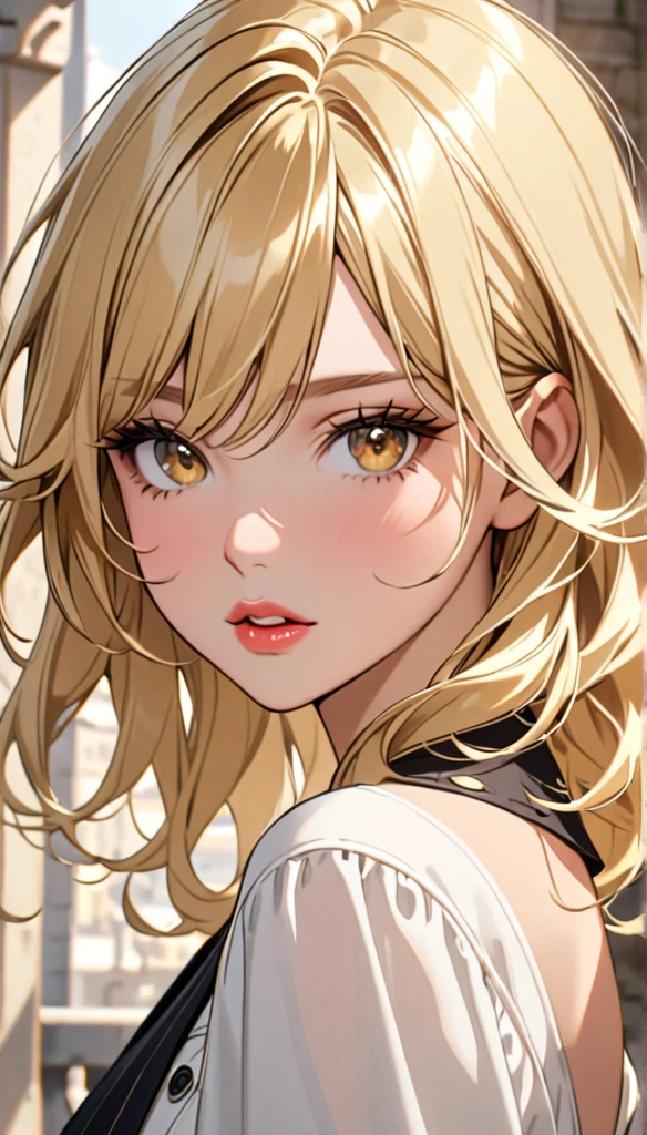 Beautiful and blond, parted lips