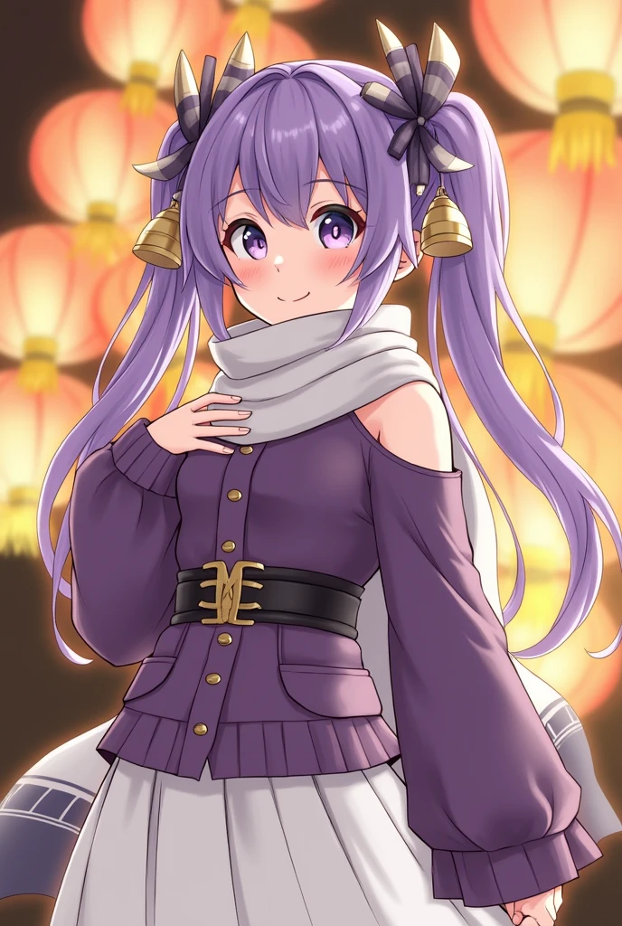 (Realistic painting style:0.9), masterpiece, Highest quality, Absurd, View your viewers, alone, Stingy (Lantern Ceremony) (Genshin Impact), Stingy (Genshin Impact), Hair Bun, skirt, scarf, purple sweater, white skirt, Purple Hair, sweater, Twin tails, Purple eyes, Diamond-shaped pupils, hair ornaments, Exposing shoulders, smile, chest, cone Hair Bun, Long Hair, belt, Double Bang, Long sleeve, bangs, bow, Hair Flower, hair bow,ribbon, hair ribbon, Braiding, Plaid scarf, Plaid, Off the shoulder