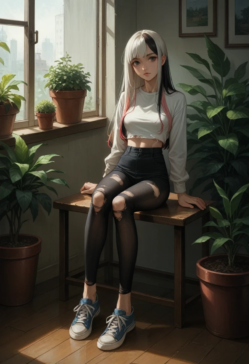 check_9, check_8_up, check_7_up, check_6_up, source_anime, masterpiece, newest,
very detailed, 1 girl, slim, innocent, sitting, hands at sides, long hair, opaque tights, without shoes, multicolored hair, multicolored hair,  casual wear, realistic, Long legs, potted plants, torn tights