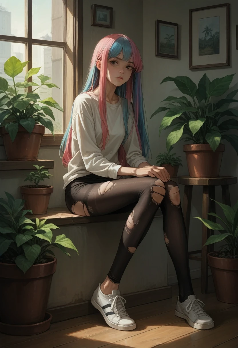 check_9, check_8_up, check_7_up, check_6_up, source_anime, masterpiece, newest,
very detailed, 1 girl, slim, innocent, sitting, hands at sides, long hair, opaque tights, without shoes, multicolored hair, multicolored hair, cum on face,naked tits, realistic, Long legs, potted plants, torn tights