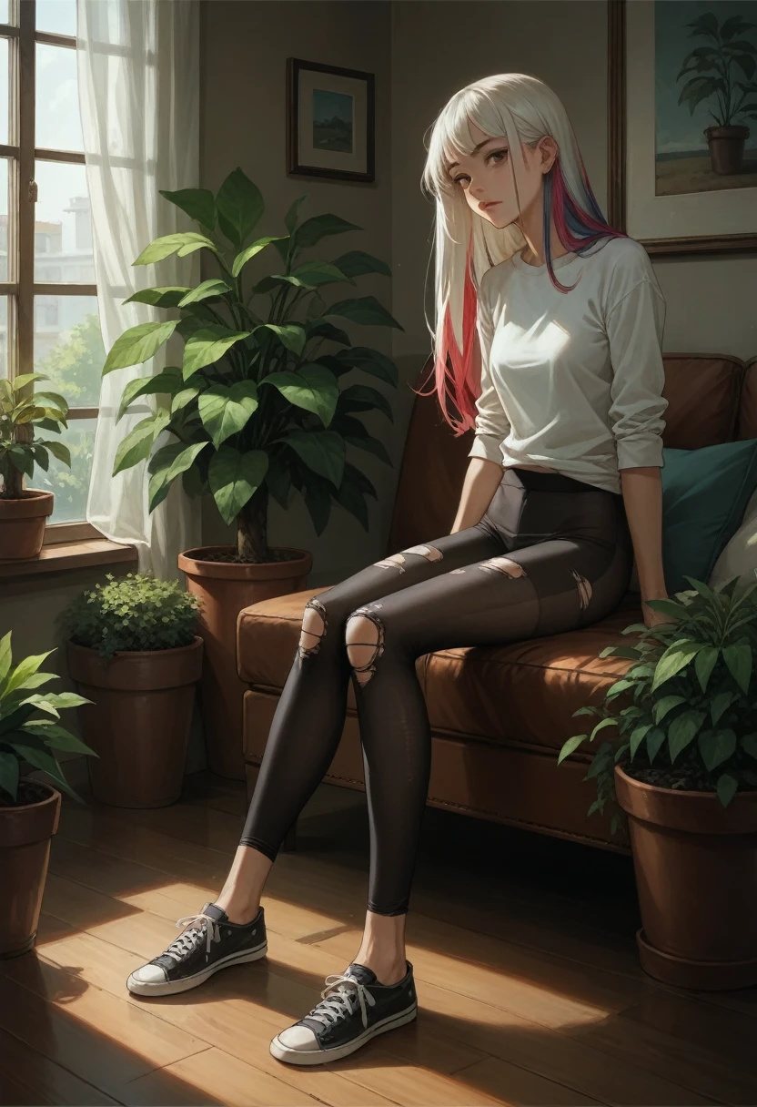 check_9, check_8_up, check_7_up, check_6_up, source_anime, masterpiece, newest,
very detailed, 1 girl, slim, innocent, sitting, hands at sides, long hair, opaque tights, without shoes, multicolored hair, multicolored hair,  casual wear, realistic, Long legs, potted plants, torn tights